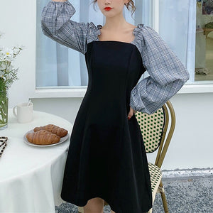 French Temperament Dress Women Square Neck Sweet Splicing Retro Plaid Little Black Dresses Female Autumn Slim Long-Sleeve Dress