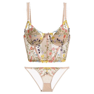 French Ultra Thin Lace Embroidery Lingerie Sexy Underwie Push Up Bra Set Romantic Flowers Fish Bone Body Shaper Top and Panties