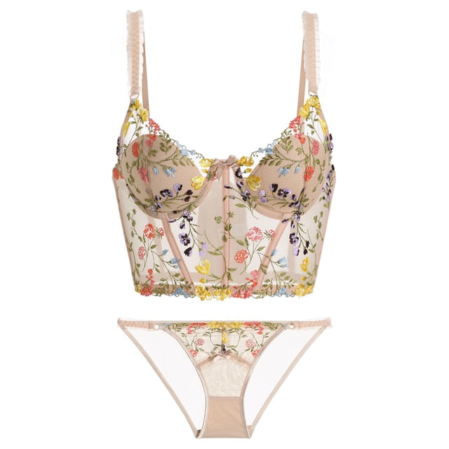 French Ultra Thin Lace Embroidery Lingerie Sexy Underwie Push Up Bra Set Romantic Flowers Fish Bone Body Shaper Top and Panties