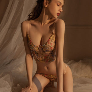 French Ultra Thin Lace Embroidery Lingerie Sexy Underwie Push Up Bra Set Romantic Flowers Fish Bone Body Shaper Top and Panties
