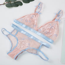 Load image into Gallery viewer, French Underwear Bralette Lace Push Up Triangle Cup Ultra Thin Wire Free Bra and Panties Set Blue and Pink Bra Set
