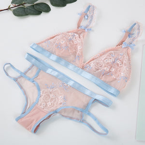 French Underwear Bralette Lace Push Up Triangle Cup Ultra Thin Wire Free Bra and Panties Set Blue and Pink Bra Set