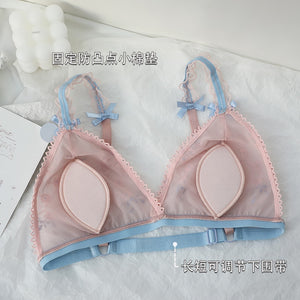 French Underwear Bralette Lace Push Up Triangle Cup Ultra Thin Wire Free Bra and Panties Set Blue and Pink Bra Set