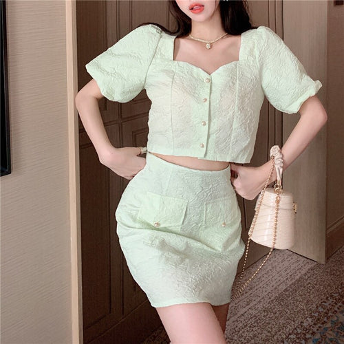 French Vintage Casual All-match Two Piece Sets Women Puff Sleeve Top + High Waist A-line Skirt Suits Ensembles Femme 2021 Summer