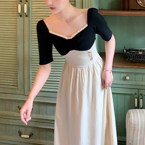 French Vintage Dress Women Patchwork Princess Elegant Sweet Midi Dress High Waist Summer Slim Casual Party Hepburn Dress 2021