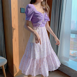 French Vintage Floral Dresses Women Patchwork Kawaii Purple Casual Sequins Sweet Dress Elegant Fairy Party Dress 2021 Summer