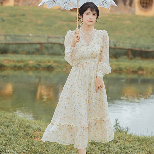 French Vintage Romantic Chiffon Vestido Floral Dress Robe Autumn Mesh Stitching Stand Collar Puff Sleeve Ruffled Fairy Dresses