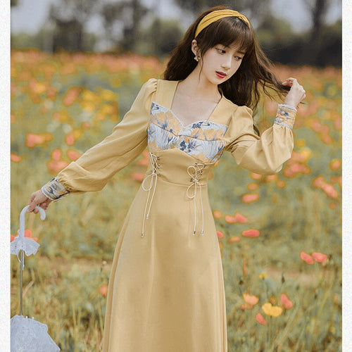 French Vintage Romantic Chiffon Vestido Floral Dress Robe Autumn Mesh Stitching Stand Collar Puff Sleeve Ruffled Fairy Dresses