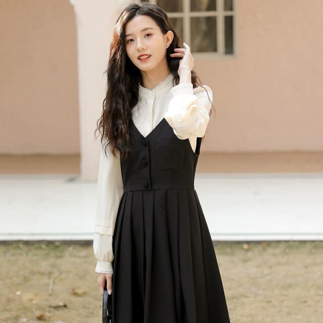 French Vintage Two Piece Set Women Korean Style Elegant Midi Dress Suit Autumn 2021 Casual Puff Sleeve Shirt + Black Strap Dress