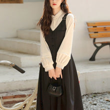 Load image into Gallery viewer, French Vintage Two Piece Set Women Korean Style Elegant Midi Dress Suit Autumn 2021 Casual Puff Sleeve Shirt + Black Strap Dress