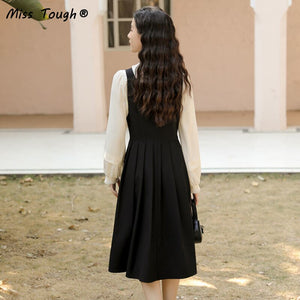 French Vintage Two Piece Set Women Korean Style Elegant Midi Dress Suit Autumn 2021 Casual Puff Sleeve Shirt + Black Strap Dress