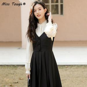 French Vintage Two Piece Set Women Korean Style Elegant Midi Dress Suit Autumn 2021 Casual Puff Sleeve Shirt + Black Strap Dress