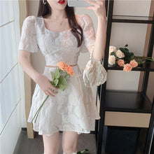 Load image into Gallery viewer, French Vintage Two Piece Sets Square Collar Puff Sleeve Jacquard Short Top + High Waist Lace Skirts Suits Conjuntos De Mujer New
