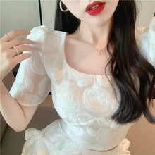 Load image into Gallery viewer, French Vintage Two Piece Sets Square Collar Puff Sleeve Jacquard Short Top + High Waist Lace Skirts Suits Conjuntos De Mujer New