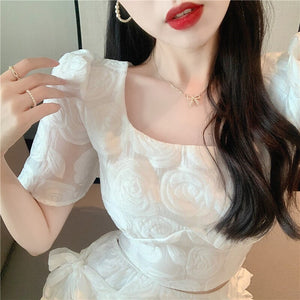 French Vintage Two Piece Sets Square Collar Puff Sleeve Jacquard Short Top + High Waist Lace Skirts Suits Conjuntos De Mujer New