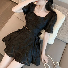 Load image into Gallery viewer, French Vintage Two Piece Sets Square Collar Puff Sleeve Jacquard Short Top + High Waist Lace Skirts Suits Conjuntos De Mujer New