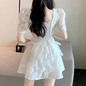 French Vintage Two Piece Sets Square Collar Puff Sleeve Jacquard Short Top + High Waist Lace Skirts Suits Conjuntos De Mujer New