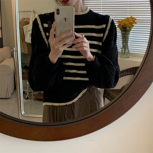 French paneled striped fake two-piece knitwear women&#39;s 2023 early spring new age-reducing foreign pullover sweater women&#39;s top