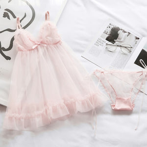 Fresh Pink Sexy Sleeping Nightdress Underwear Transparent Gauze Dress Lovely Lotus Leaf Edge Women Princess Babydoll Lingerie