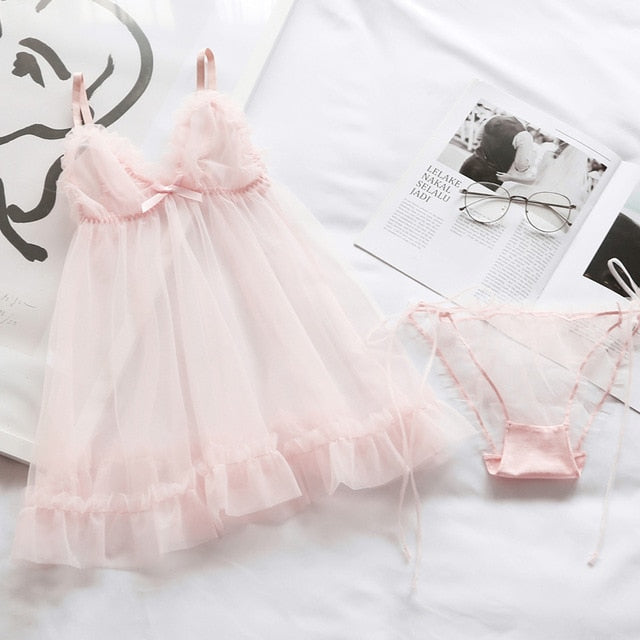 Fresh Pink Sexy Sleeping Nightdress Underwear Transparent Gauze Dress Lovely Lotus Leaf Edge Women Princess Babydoll Lingerie