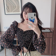 Load image into Gallery viewer, Fresh Purple Floral Chiffon Shirt For Women Spring Trendy Ins Ethereal Design Niche Drawstring High Waist Summer Blouse Korea