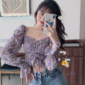 Fresh Purple Floral Chiffon Shirt For Women Spring Trendy Ins Ethereal Design Niche Drawstring High Waist Summer Blouse Korea