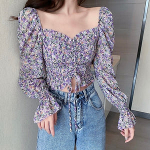 Fresh Purple Floral Chiffon Shirt For Women Spring Trendy Ins Ethereal Design Niche Drawstring High Waist Summer Blouse Korea