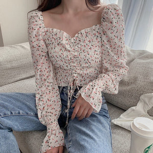 Fresh Purple Floral Chiffon Shirt For Women Spring Trendy Ins Ethereal Design Niche Drawstring High Waist Summer Blouse Korea