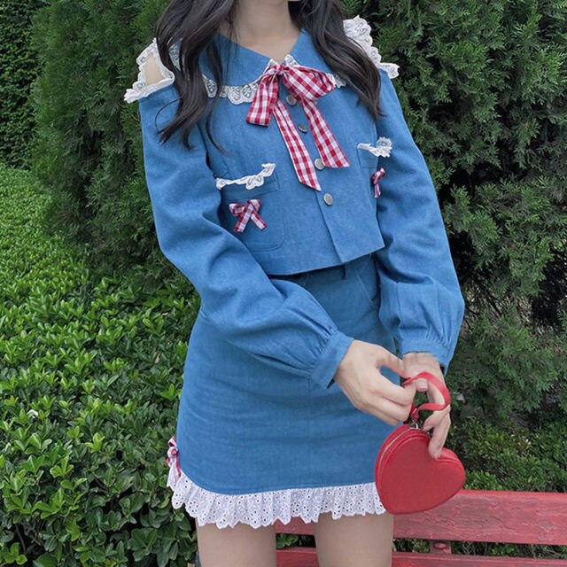 Fried Street Two-Piece Suit Spring Lace Doll Collar Long-Sleeved Off-Shoulder Denim Shirt Bag Hip Lace Skirt