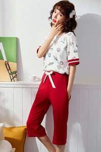 Fruit Print Cute Sweet Women Pajamas Set Soft Short Sleeve O-Neck Pants Lady Home Clothes Summer Female Nightie