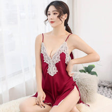 Load image into Gallery viewer, Fun Pajamas Spring and Summer Style Sexy Satin Silk Pajamas Beautiful Back Lace Suspender Deep V Nightdress Lingerie Porno
