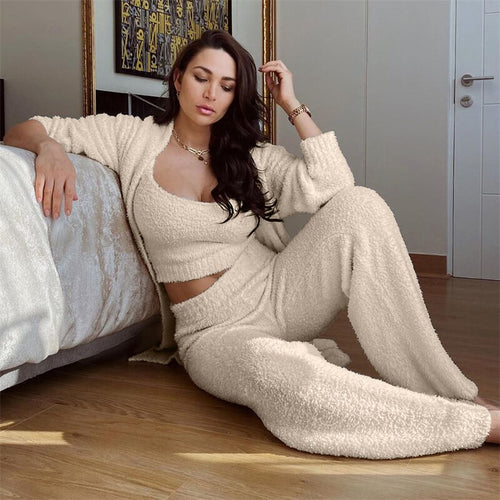 Furry 2 Piece Set Women Lounge Wear Autumn Winter Clothes Sleeveless Vest Top Long Pants Sweater Suits Casual Oversized Cardigan