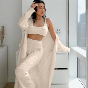 Furry 2 Piece Set Women Lounge Wear Autumn Winter Clothes Sleeveless Vest Top Long Pants Sweater Suits Casual Oversized Cardigan