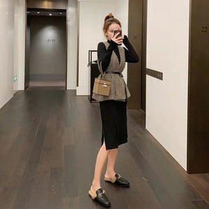 Gentle wind sweater skirt suit light mature wind foreign style thousand bird grid wool vest two-piece dress female autumn