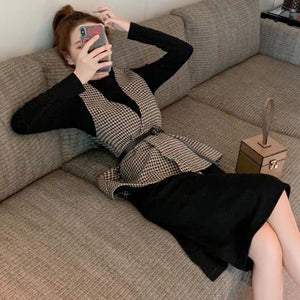 Gentle wind sweater skirt suit light mature wind foreign style thousand bird grid wool vest two-piece dress female autumn