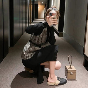 Gentle wind sweater skirt suit light mature wind foreign style thousand bird grid wool vest two-piece dress female autumn