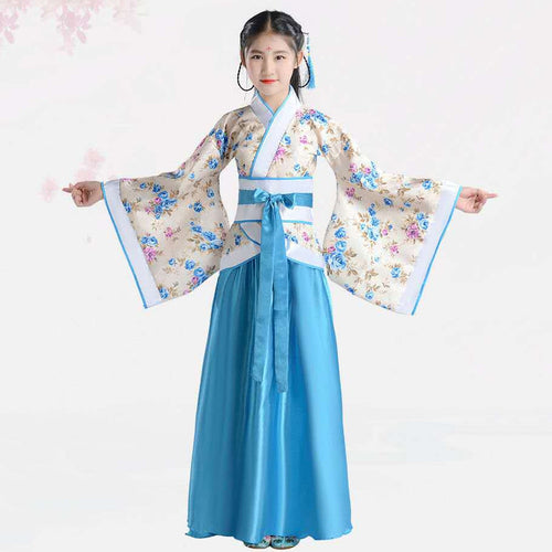 Girl Embroidery Traditional Chinese Skirt + Kimono Top Blue Lavender Pink Red Children Hanfu Chineses Elegent Hanfu Dress Kids