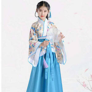 Girl Embroidery Traditional Chinese Skirt + Kimono Top Blue Lavender Pink Red Children Hanfu Chineses Elegent Hanfu Dress Kids