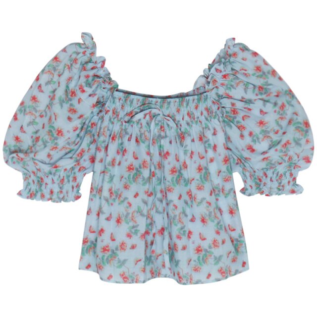 Girl Floral T-shirt Short Sleeved Top Korean Loose Thin Bubble Sleeve Chiffon Shirt 2021 Summer