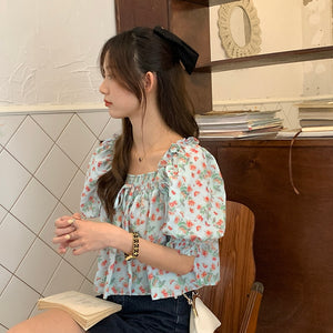 Girl Floral T-shirt Short Sleeved Top Korean Loose Thin Bubble Sleeve Chiffon Shirt 2021 Summer