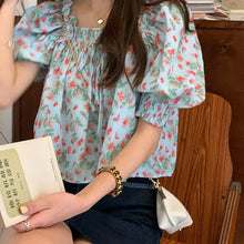 Load image into Gallery viewer, Girl Floral T-shirt Short Sleeved Top Korean Loose Thin Bubble Sleeve Chiffon Shirt 2021 Summer