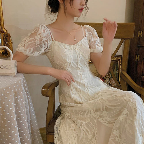 Girl Summer White Elegant Lace Long Maxi Dress Vintage Square Collar French Princess Dresses Casual Holiday Party Dress