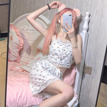 Load image into Gallery viewer, Girly Cute Summer Lace Pajamas Sexy Sling Shorts Home Wear Two Piece Set Kawaii Female Thin Ice Silk Casual Pajamas Suit Women