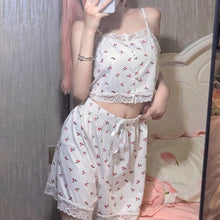 Load image into Gallery viewer, Girly Cute Summer Lace Pajamas Sexy Sling Shorts Home Wear Two Piece Set Kawaii Female Thin Ice Silk Casual Pajamas Suit Women