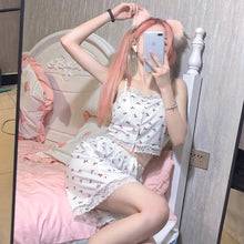 Load image into Gallery viewer, Girly Cute Summer Lace Pajamas Sexy Sling Shorts Home Wear Two Piece Set Kawaii Female Thin Ice Silk Casual Pajamas Suit Women