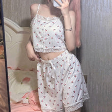 Load image into Gallery viewer, Girly Cute Summer Lace Pajamas Sexy Sling Shorts Home Wear Two Piece Set Kawaii Female Thin Ice Silk Casual Pajamas Suit Women