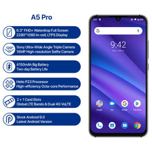 Load image into Gallery viewer, Global Version UMIDIGI A5 PRO Android 9.0 Octa Core 6.3&#39; FHD+ Waterdrop 16MP Triple Camera 4150mAh 4GB RAM 4G Celular Smartphone