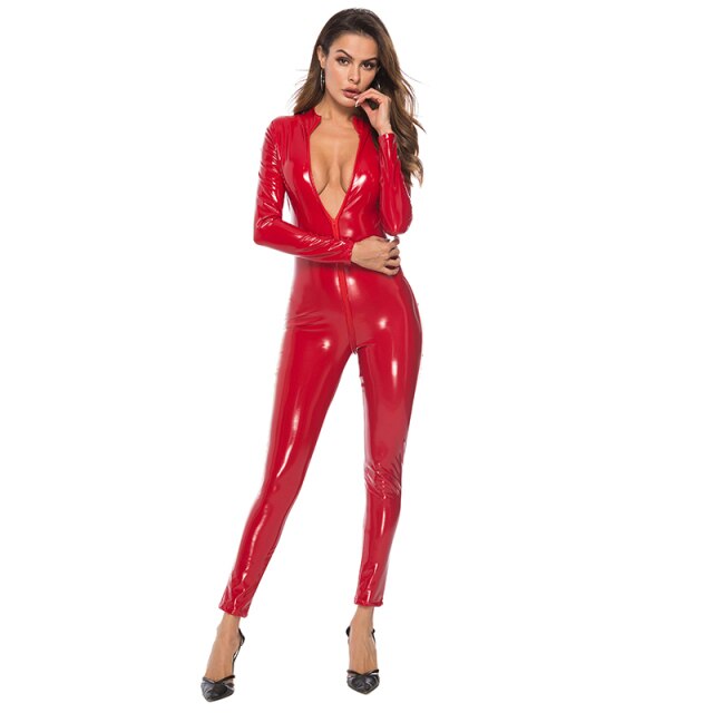 Glossy Leather Crotchless Jumpsuits Sexy Lingerie Open Crotch Female Bodysuit Double Zipper Erotic Latex Catsuit Shaping Leotard