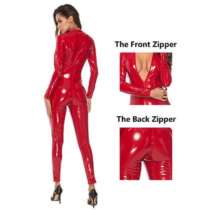 Glossy Leather Crotchless Jumpsuits Sexy Lingerie Open Crotch Female Bodysuit Double Zipper Erotic Latex Catsuit Shaping Leotard