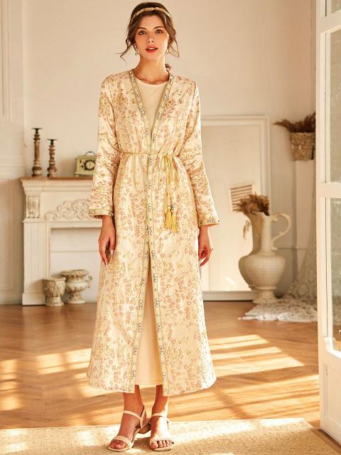 Gold Powder Jacquard Hand-stitched Diamond Cardigan Robe Muslim Jacket Dubai Middle East Women's Clothing Moroccan Party Dress